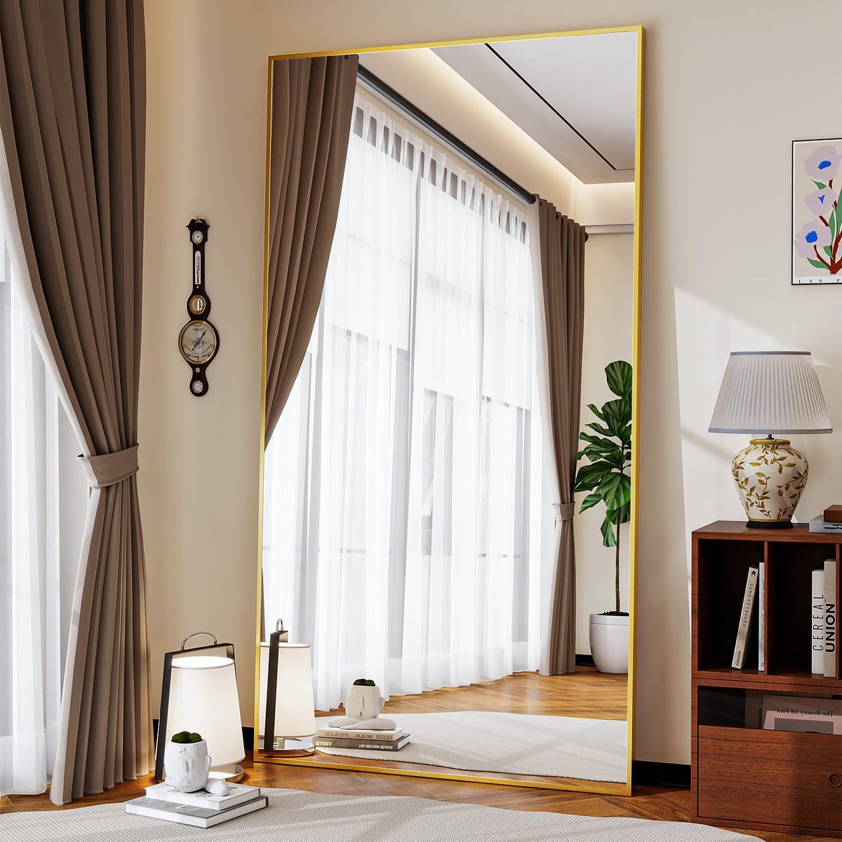 Famanu – Grote staande spiegel 89 x 198 cm, robuuste full-body spiegel met smal aluminium frame, modern ontwerp voor woonkamer en slaapkamer, goudkleurig