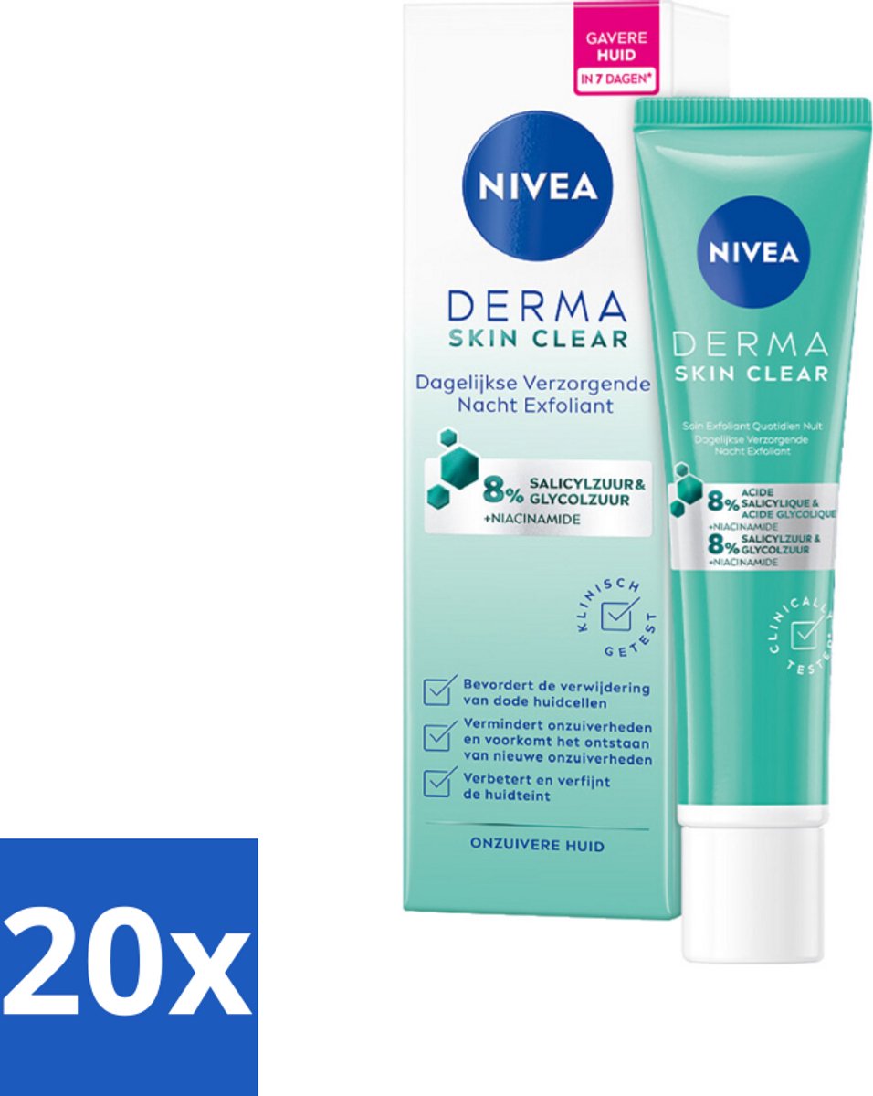 20 x NIVEA - Nacht Exfoliant - DERMA Huidzuiver Dagelijkse Verzorging - Met Salicylzuur (AHA), Glycolzuur & Niacinamide - Tegen Acne & Mee-eters - 40 ml - Nacht Exfoliant - Acne Behandeling - Huidzuiver - Exfolieer - Salicylzuur