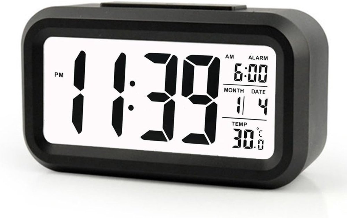 Digitale Wekker - Zwart - Groot Display - Met Temperatuur en Lichtsensor - Voor Thuis of Reis
