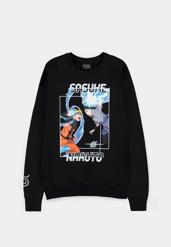 Zwarte trui met opdruk van Naruto en Sasuke die vechten, met de tekst 'SASUKE' en 'NARUTO'.