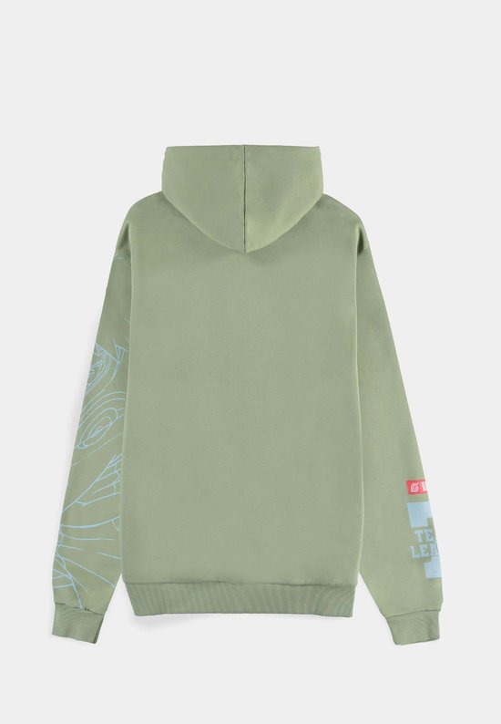 Lichtgroene hoodie met aan de linkerkant een subtiel blauw patroon en op de rechter mouw een logo met tekst.