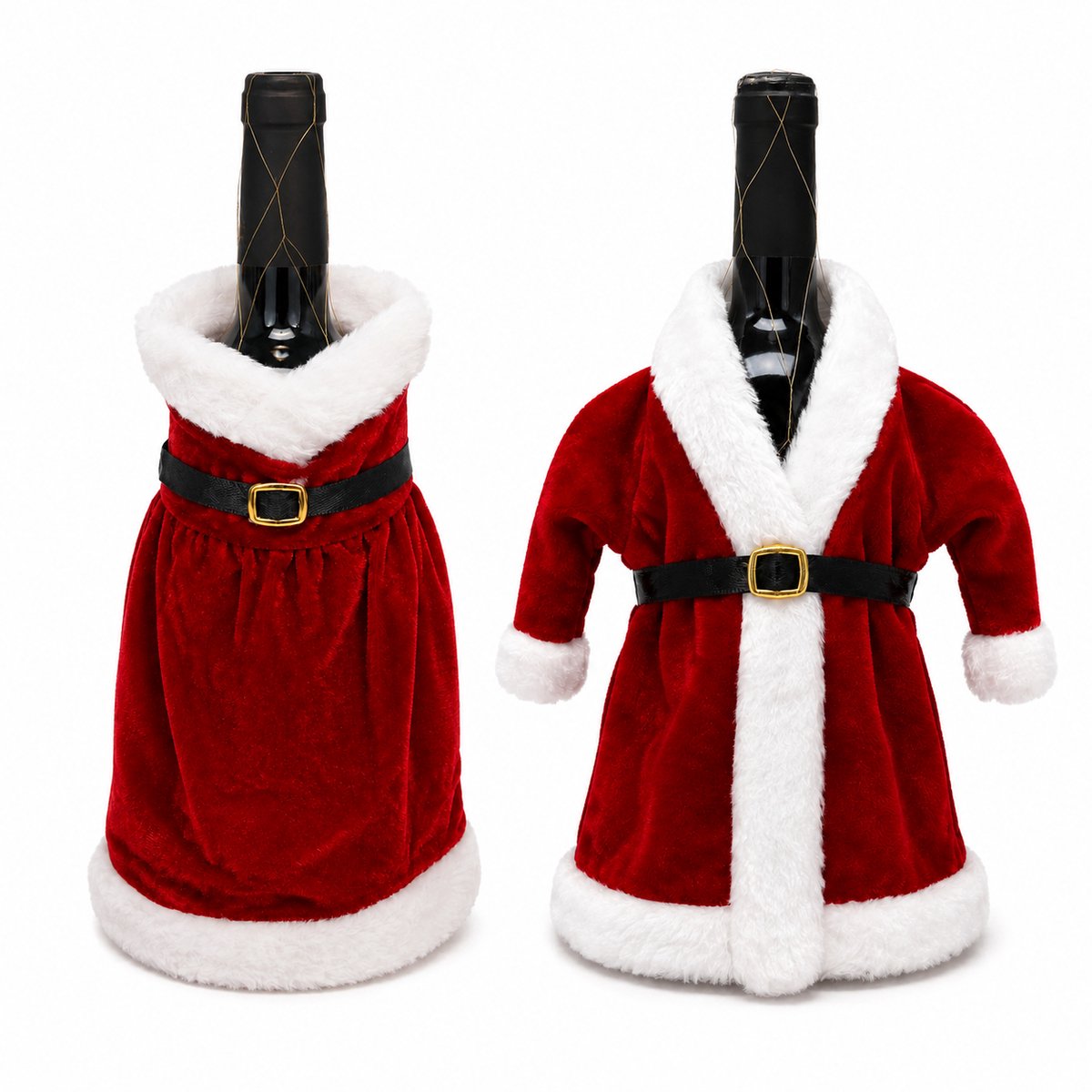 HEM Wijnfles Kerstdecoratie Set 2 Stuks - Kerstjurk & Kerstmanpak - Wijnfleshoes - Flesversiering Rood Wit
