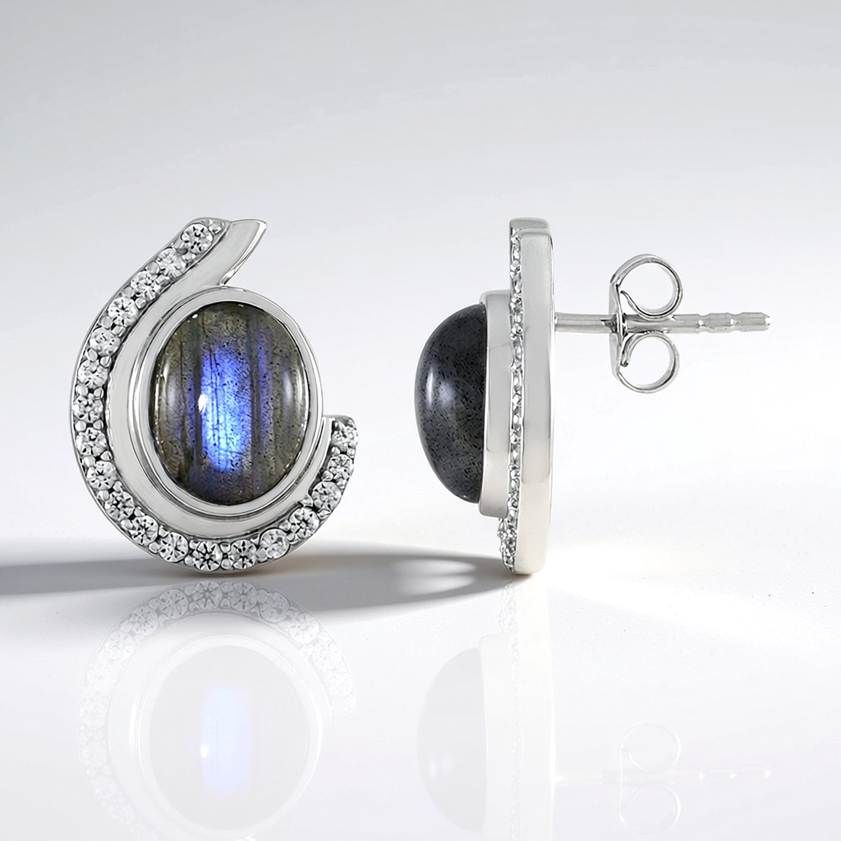 Cavill - Zilveren Oorbellen - 925 Sterling Zilver Gerhodineerd - Blauwe Labradoriet 5,4 Ct - Cambodjaanse Zirkoon 0,61 Ct - Elegante Luxe Oorbellen