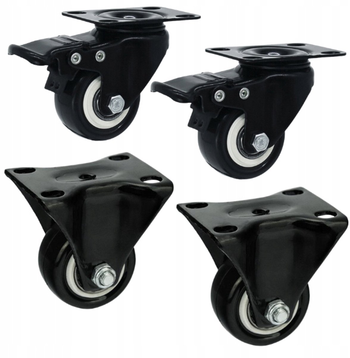 Zet 4 Zwenkwielen met Rem 50mm PVC - Zwart, 40kg per wiel