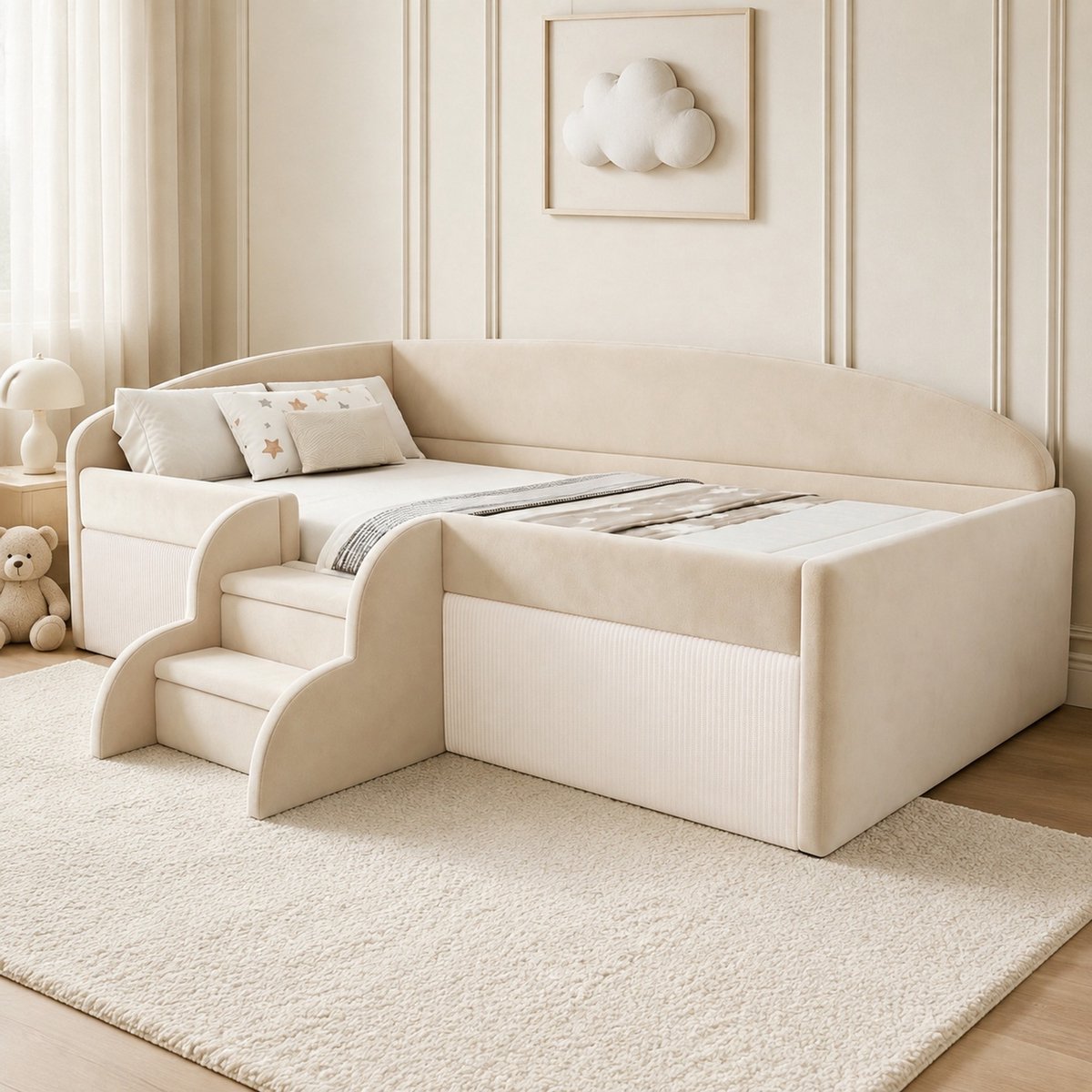 MODENUIT Kinderbed 90 x 190 cm - Met Stappen En Beschermranden - Voor Kinderkamer - Stof - Beige