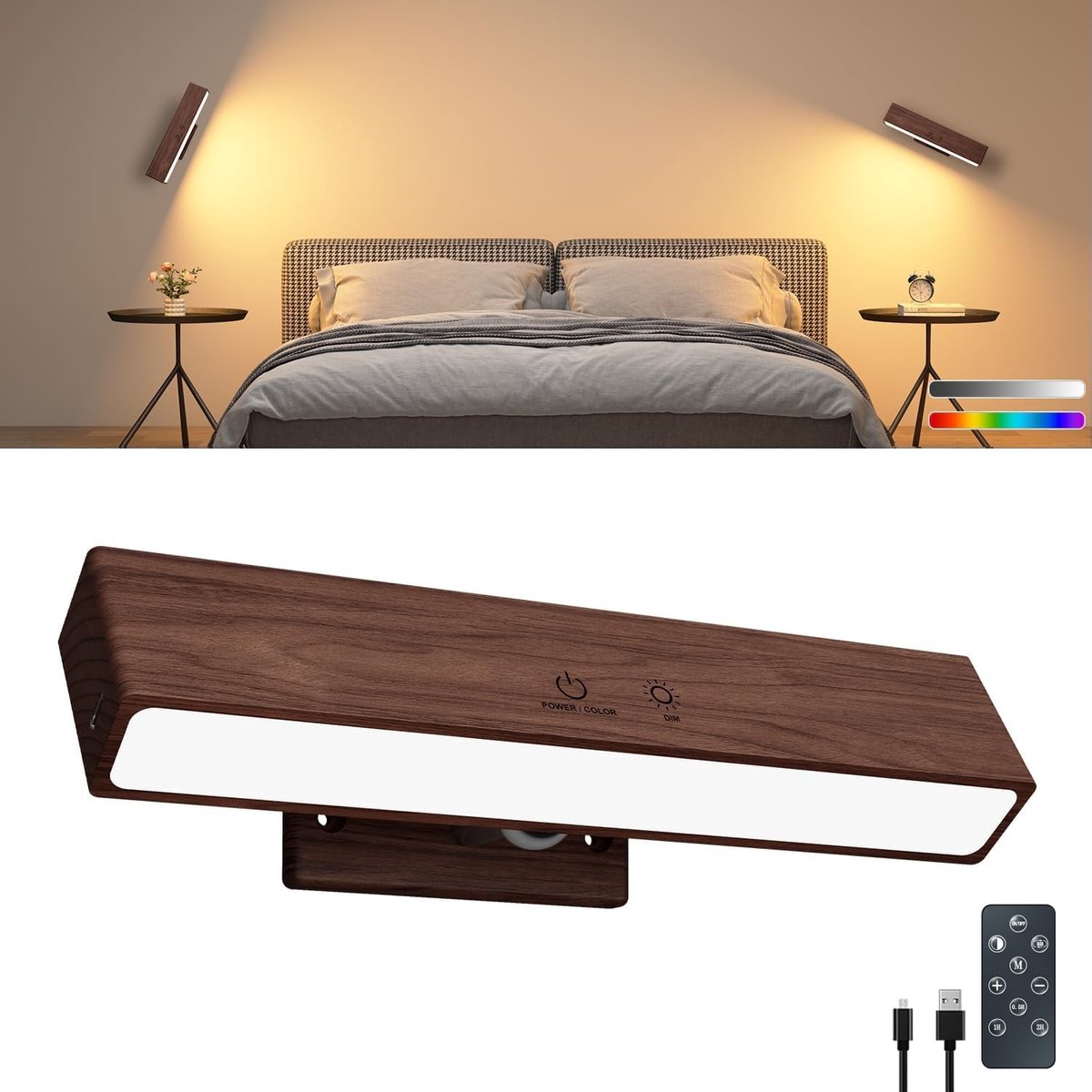 Schilderijlampje draadloos - Notenhout - 1 Stuks - Oplaadbare Massief Houten Wandlamp - Voor Sfeerverlichting en Leeslicht