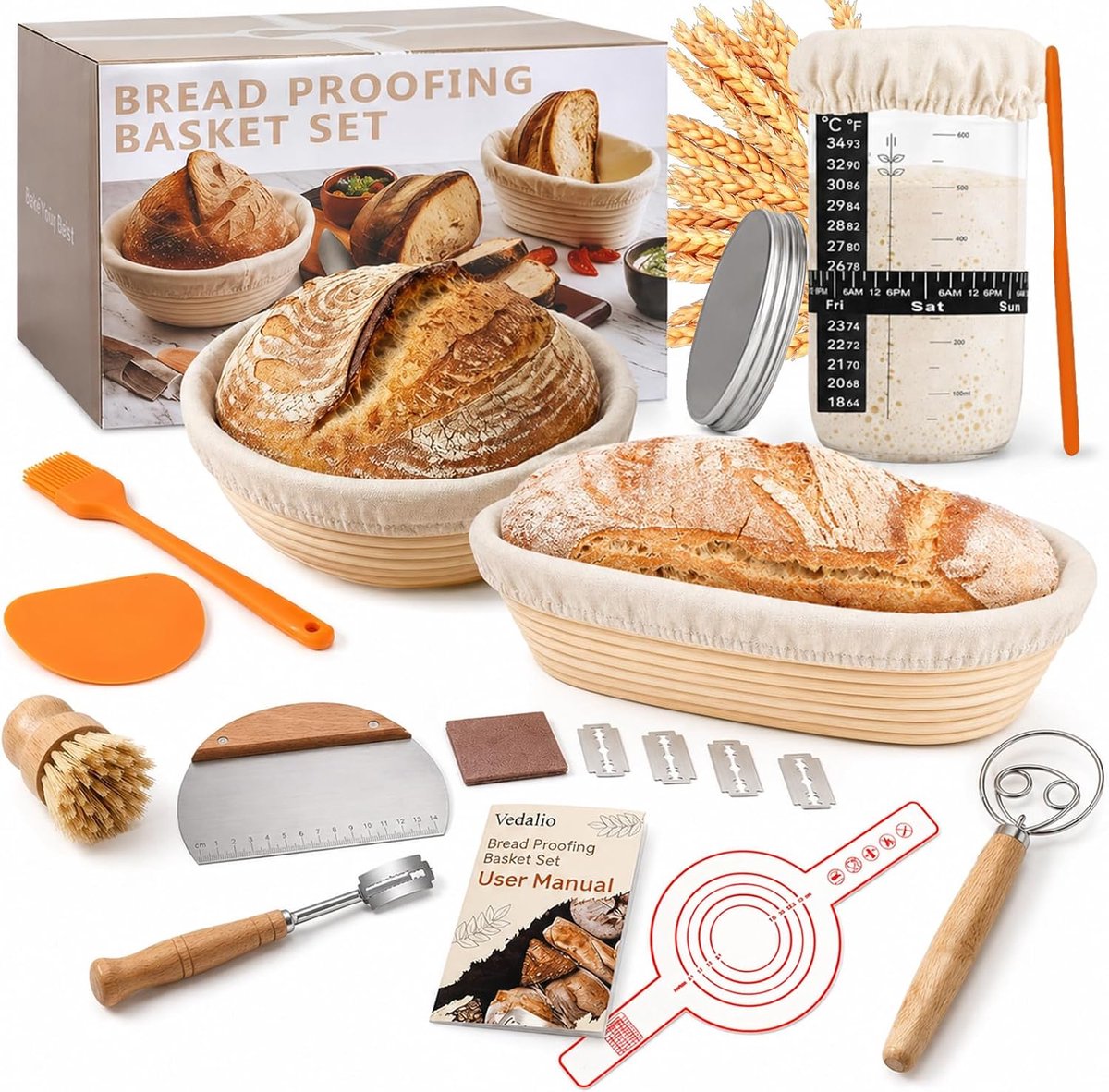 Sourdough Starter Set, 26-Piece Cooking Basket Set with Bread Fermentation Basket, Starter Glass, Dough Broom, Knives - ShopVlot