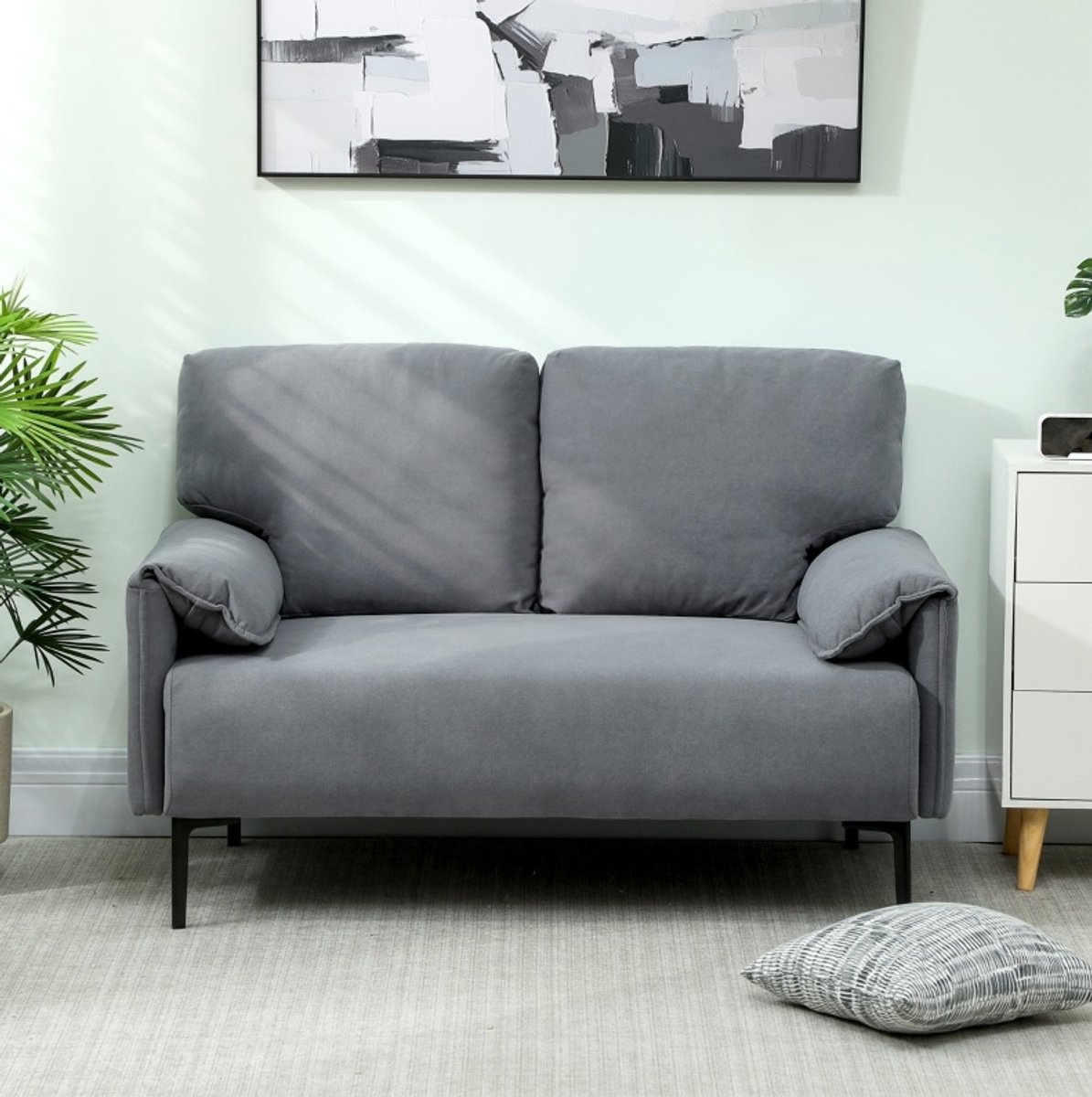 Zitbank - 2-Zits Sofa Met 2 Rugkussens En Zachte Bekleding - Voor Woonkamer, Slaapkamer En Kantoor - Grijs Stof