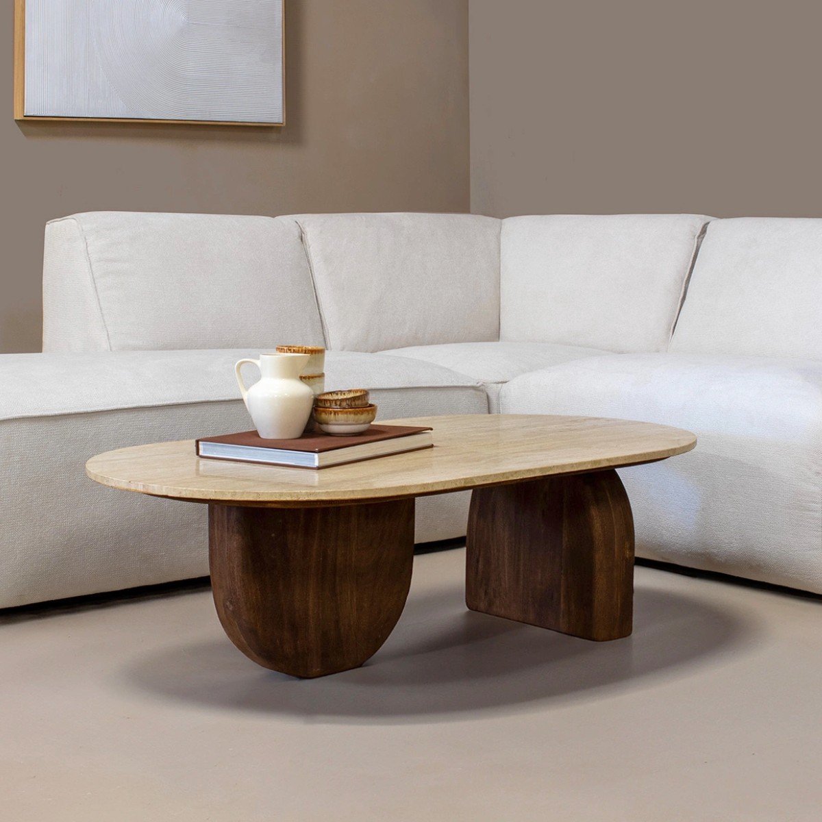 Giga Meubel Salontafel Wessel Ovaal - Travertin/Hout - Bruin - 120x65x38cm