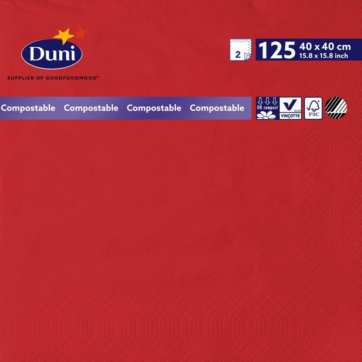Duni Tissue Napkins, 40 x 40 cm, 2-ply, Red, 125 - ShopVlot