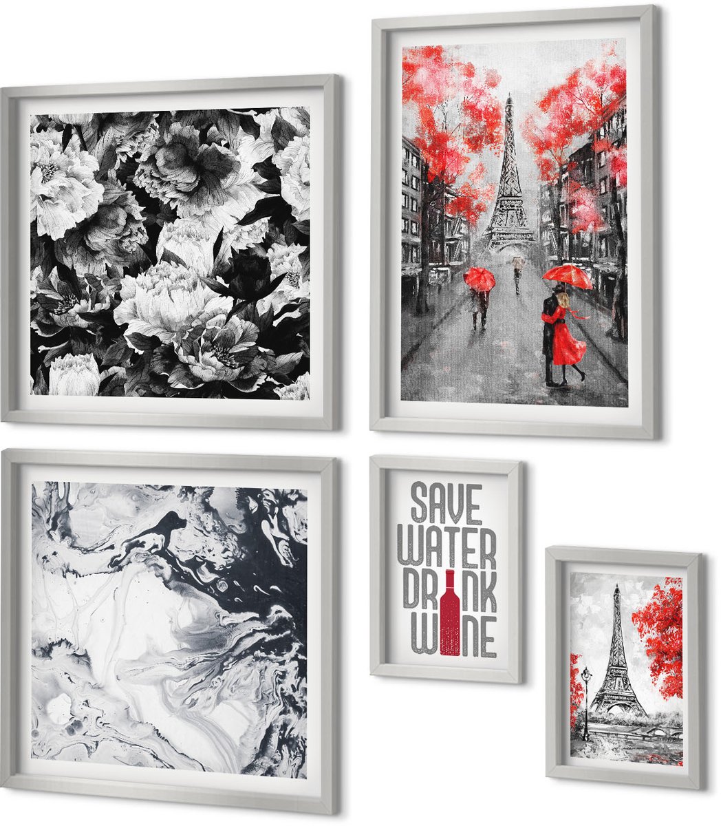 Coloray 5-Delige Schilderij Set - Eiffeltoren In Grijs Met Rode Accenten - 20 x 30 cm - Muurdecoratie - Interieur Decoratie - Woonkamer Decoratie