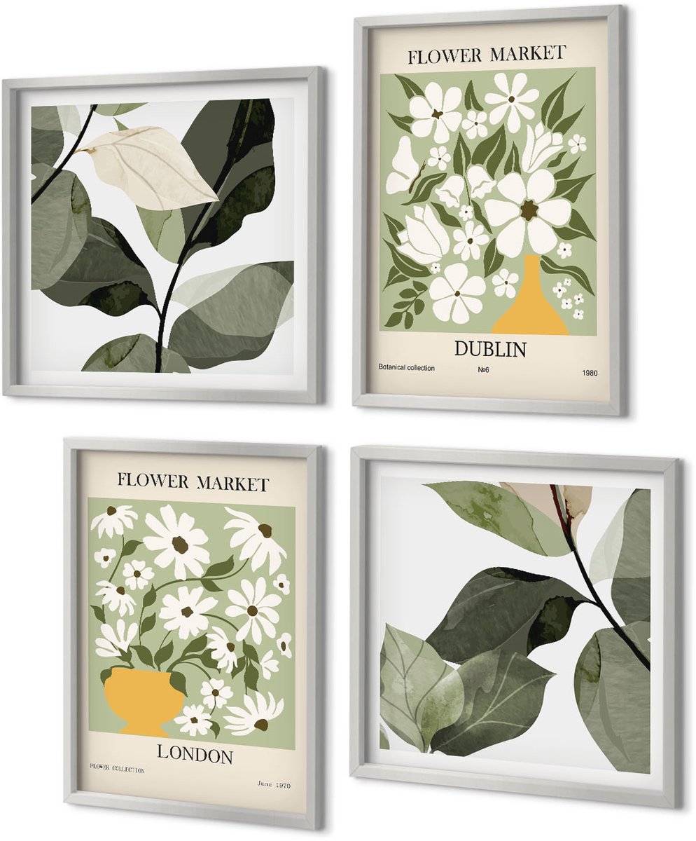 Coloray 4-Delige Schilderij Set - Bloemmotieven Londen en Dublin Delicate bladeren - 40 x 40 cm en 40 x 60 cm - Wanddecoratie - Muurdecoratie - Moderne Interieurdecoratie