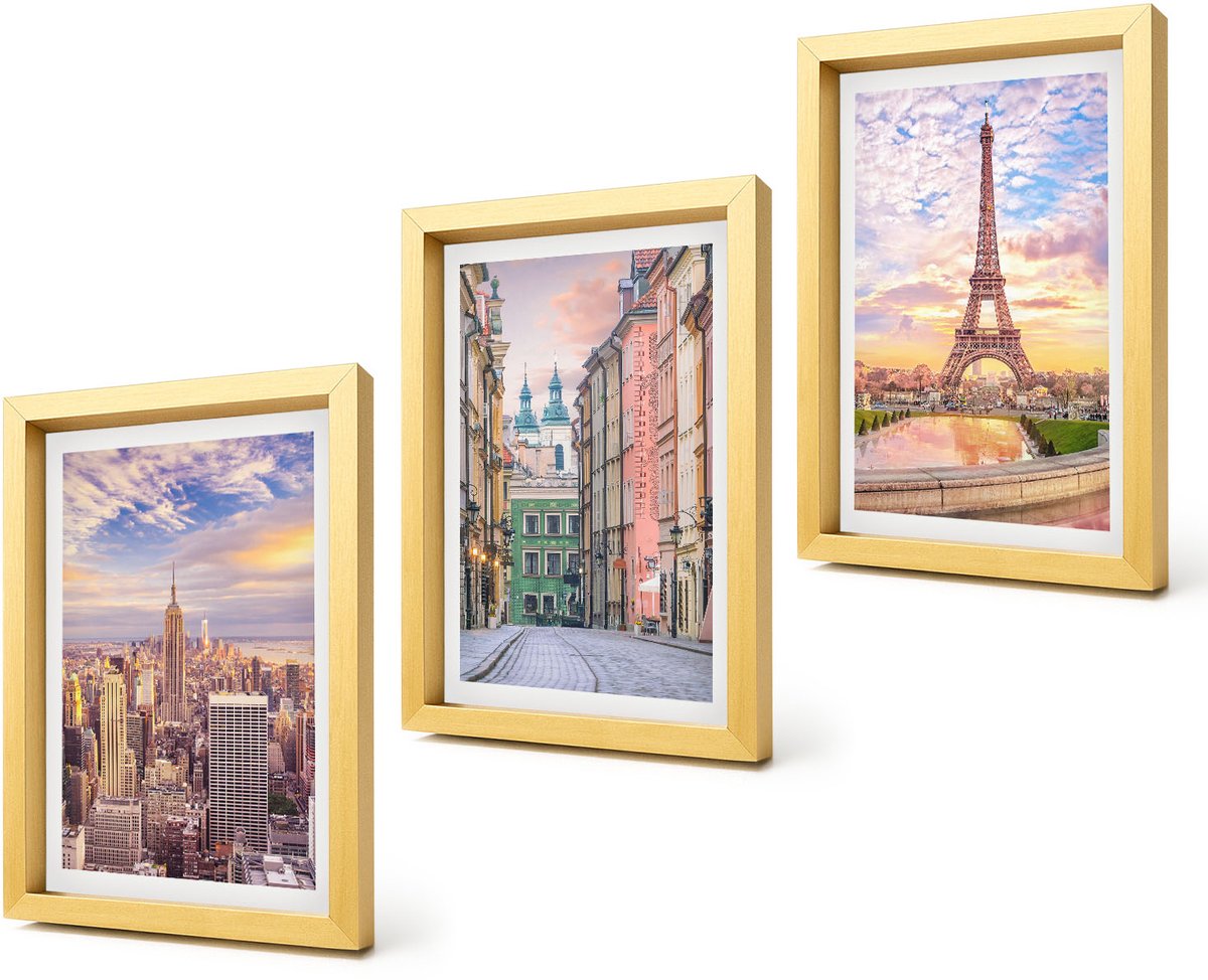 Coloray 4-Delige Schilderij Set - Uitzicht op de steden New York, Parijs en Warschau bij zonsondergang. - 20 x 30 cm - Wanddecoratie - Schilderijen Set - Interieur - Woonkamer Decoratie