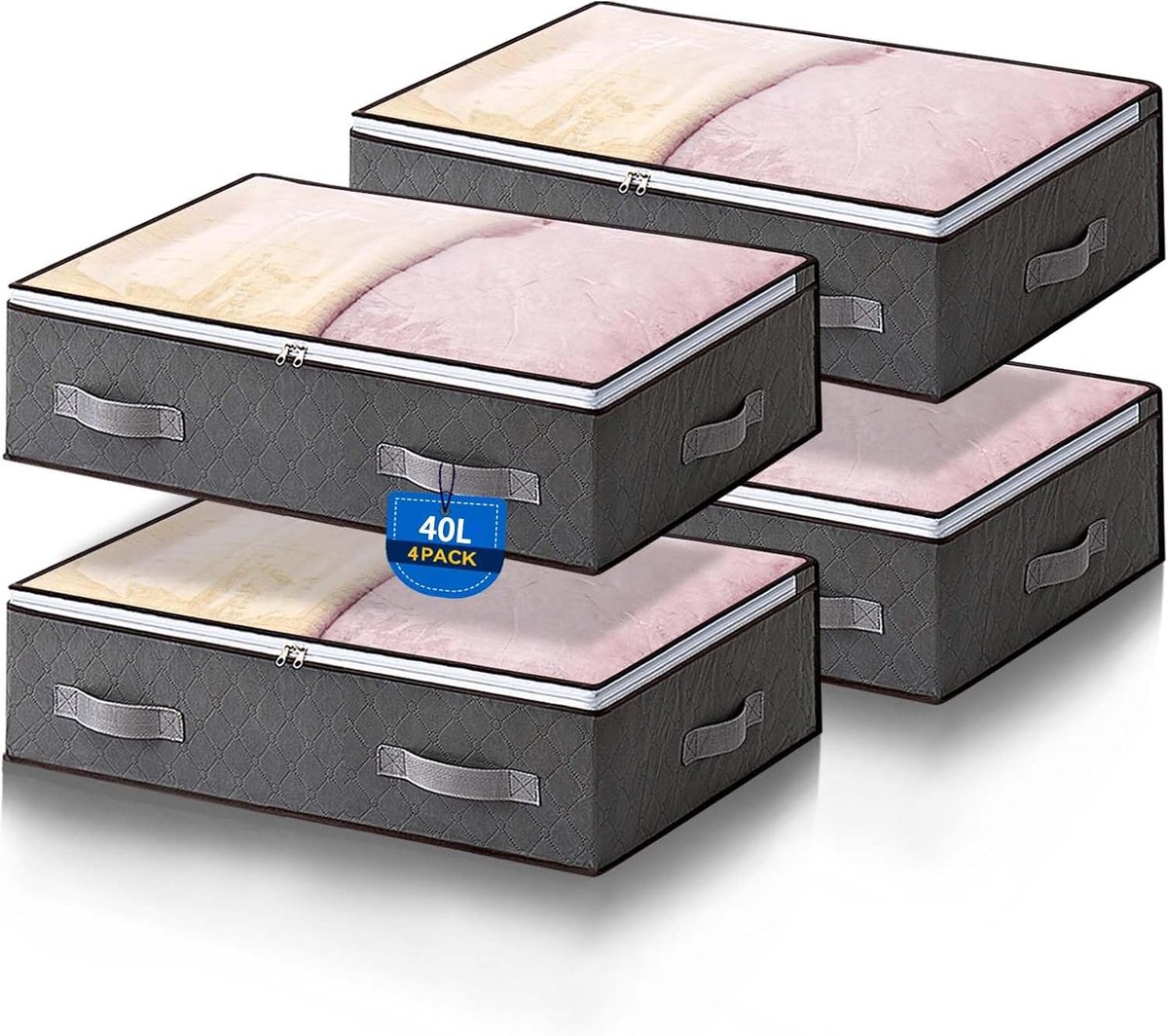 4 Pack Underbed Storage Boxes 40L with Lid, Transparent Underbed Changing Table, Foldable Storage for Clothes, Duvets - ShopVlot