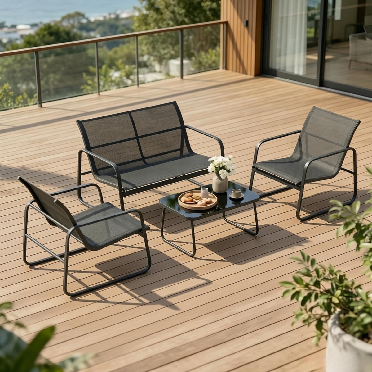 FloraGrace Tuinset 4-Zits - Met Bank, 2 Stoelen En Tafel - Ademend Mesh En Verstelbare Voeten - Voor Tuin En Terras - Staal Glas - Zwart Donkergrijs
