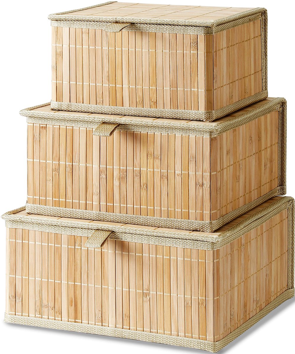 Famanu – Beige Opbergdozen met Handvat - Decoratieve Bamboe Opbergmanden voor Organisatie, Set van 3 Stapelbare Dozen met Geweven Stof Voeringen voor Planken in Huis, Keuken, Badkamer, Kantoor