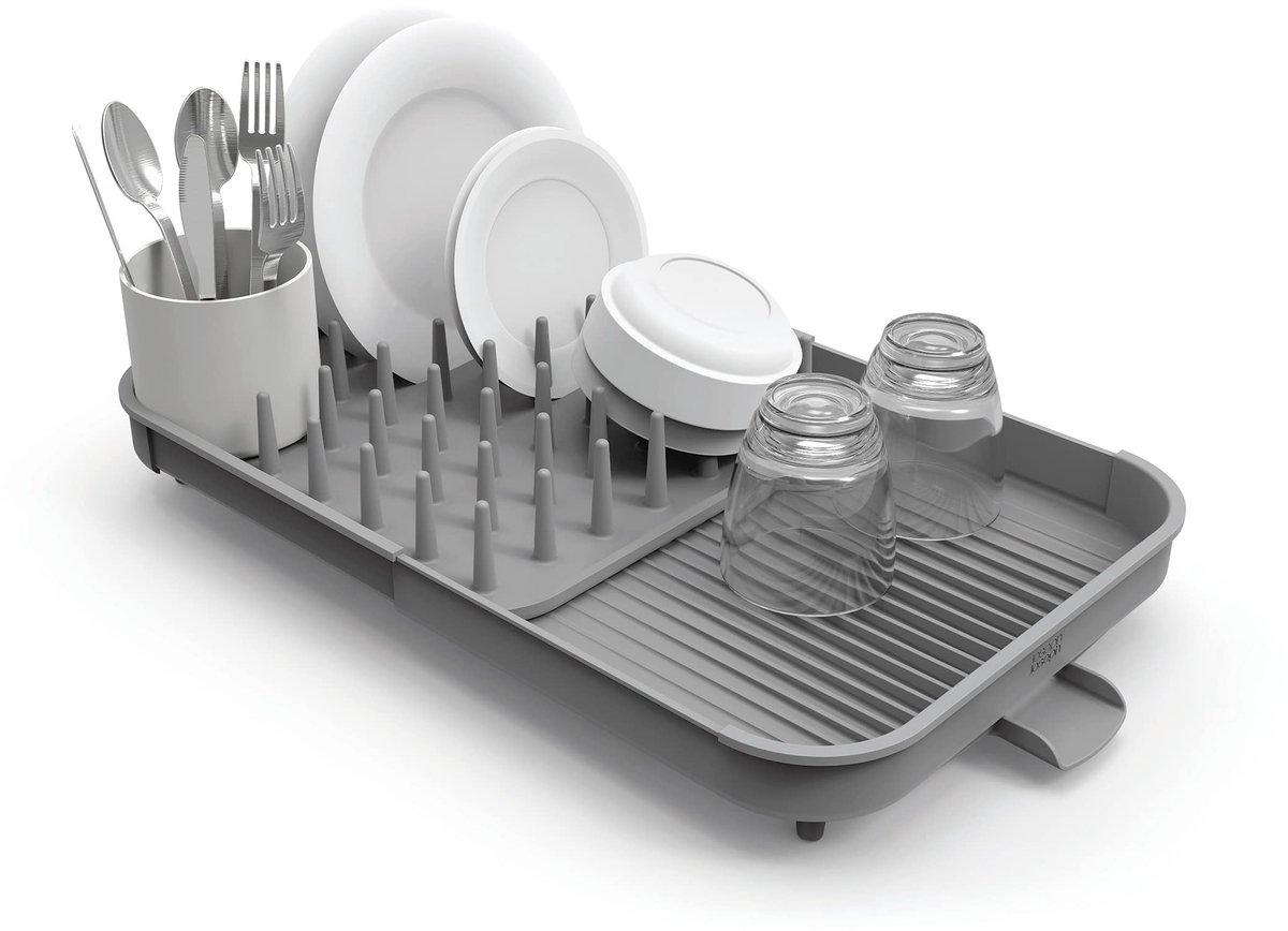 Famanu – Uitbreidbaar afdruiprek voor de keuken, met keukengerei pot en afvoer, grijs