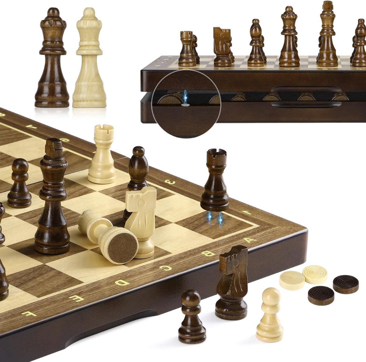 QUOVO® Magnetisch Schaakbord - Schaakspel met schaakstukken - Reis Schaakset - Schaken - Inklapbaar - Makkelijk mee te nemen! - Bruin - 38cm x 38cm x 1cm