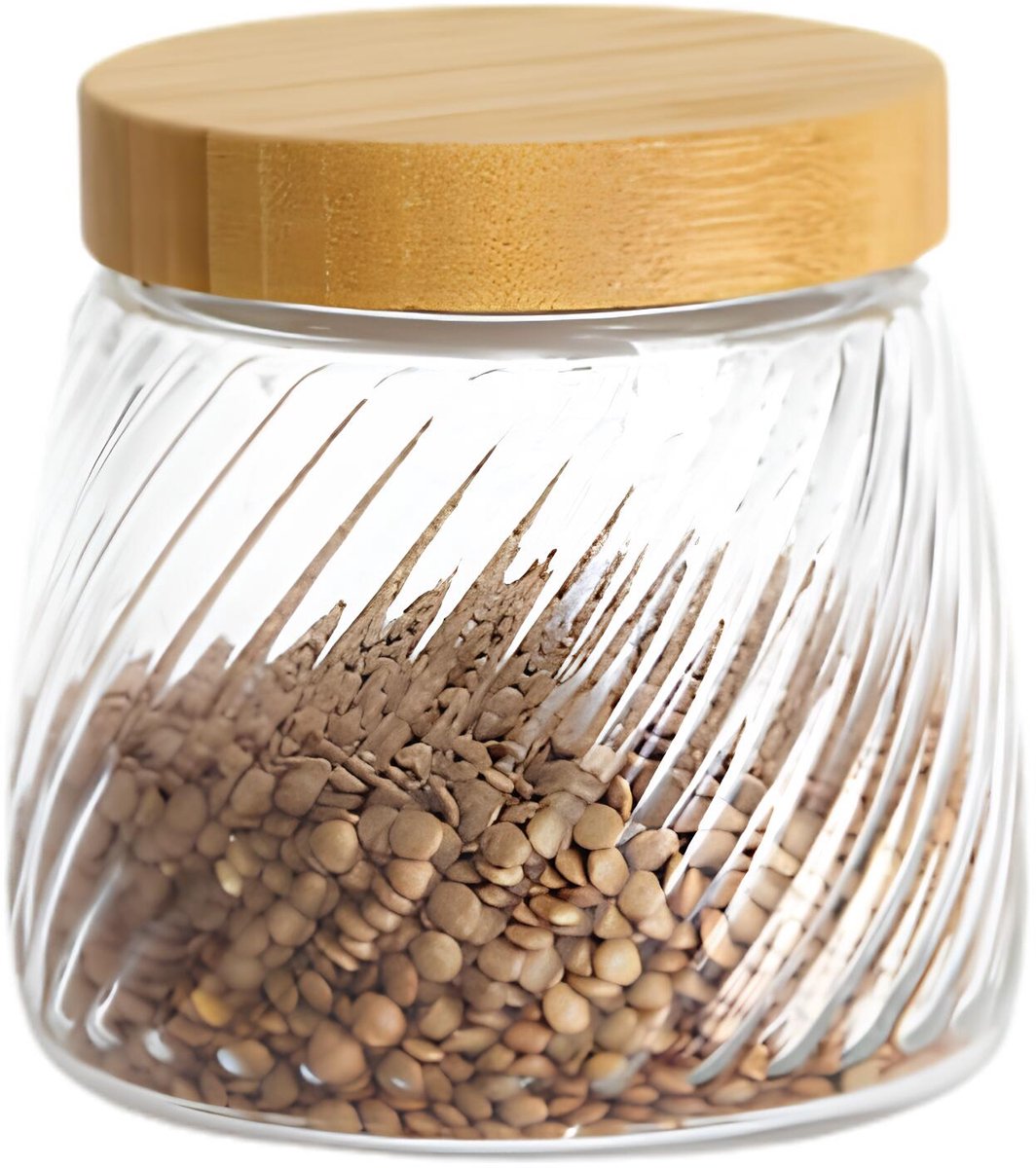 Voorraadpot Food Essentials Ventura - keuken - ribbel glas / bamboe - 0.9 liter - luchtdichte draaideksel - bewaarpotten - opslagpotten
