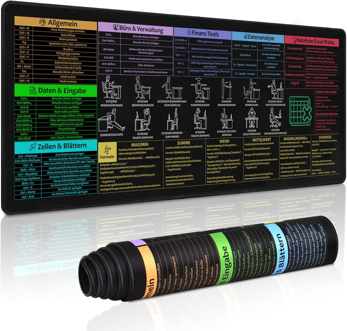 Muismat groot 80 x 30 cm - Excel bureauonderlegger Duits - antislip shortcuts - voor kantoor en thuis - ShopVlot