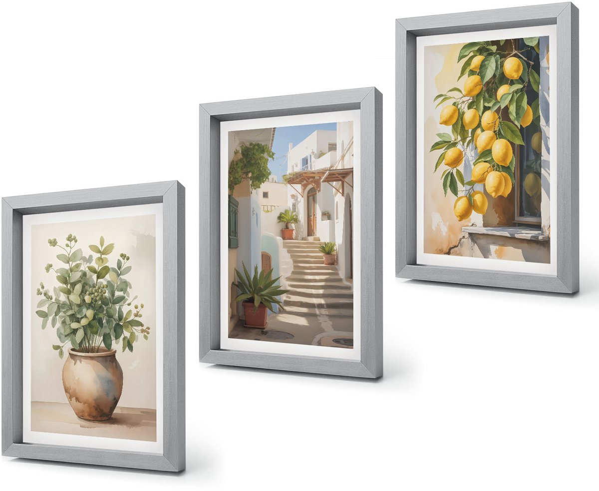 Coloray 4-Delige Schilderij Set - Potplanten en citroenen tegen de achtergrond van een straat. - 20 x 30 cm - Decoratieve Schilderijen - Woonkamer - Interieur - Moderne Wanddecoratie Zilveren lijst