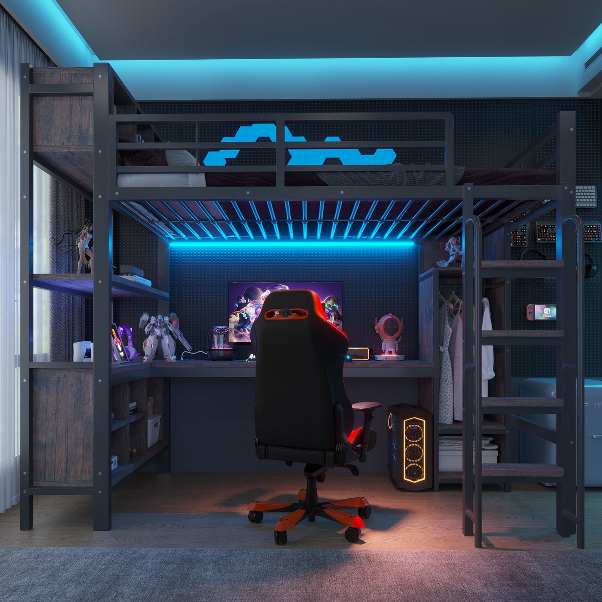 Hoogslaper - 90 x 200 cm - 1-persoons - met bureau - met kledingkast - met opbergruimte - met LED-verlichting - Zwart