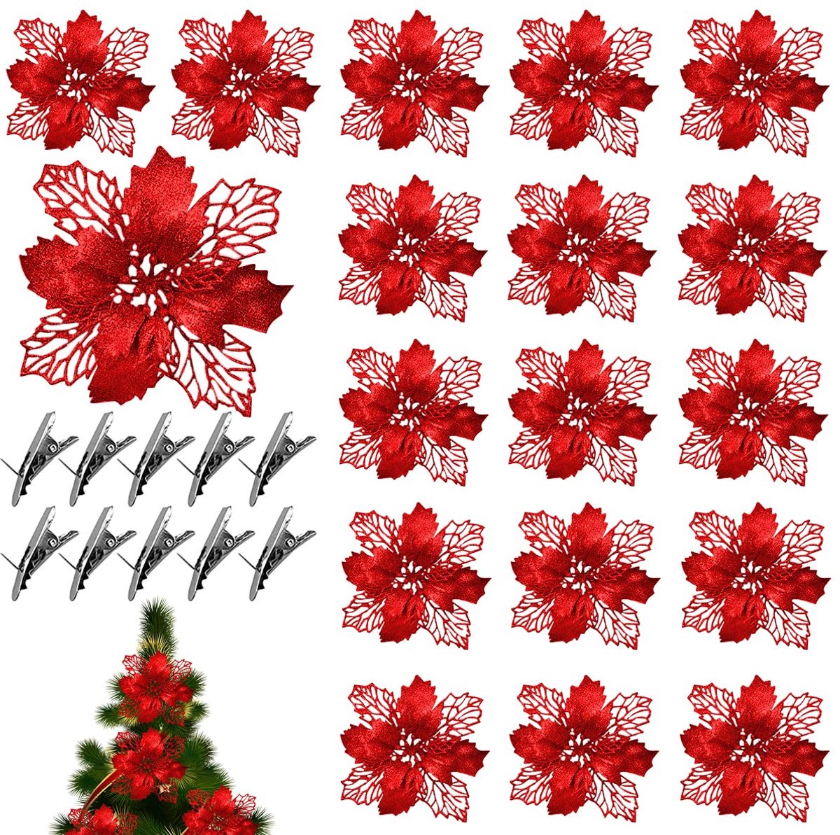 ZDQC 20 stuks kerstboomversiering, glitter, poinsettia, kerstversiering, boomversiering, kunstkerstbloemen, decoratie - ShopVlot