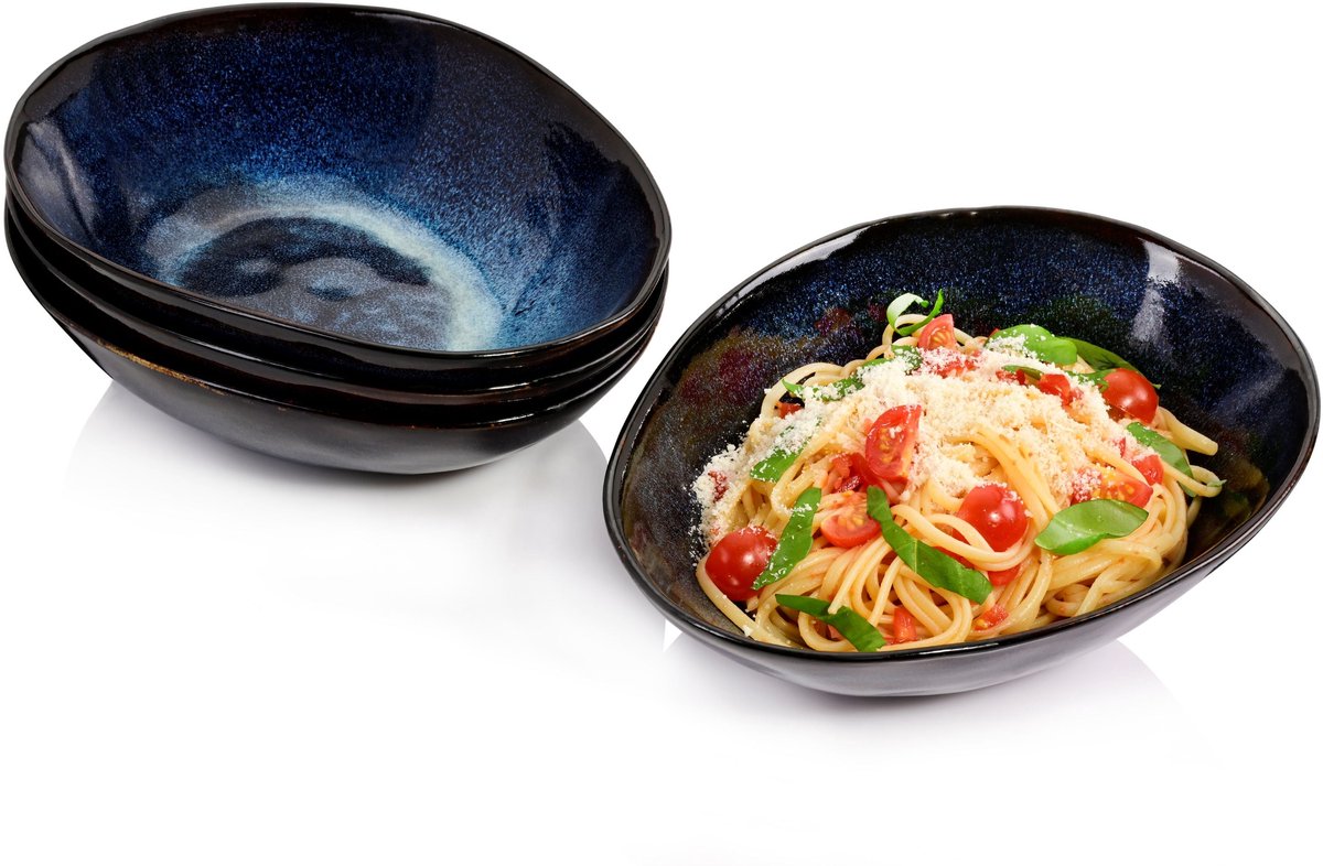 Sänger Tokio Pastaschalen Set - 4-Delig - Aardewerk Kommen - 24,5x18,5x7 Cm - 850 Ml - Vintage Design - Handgemaakt Uniek Servies