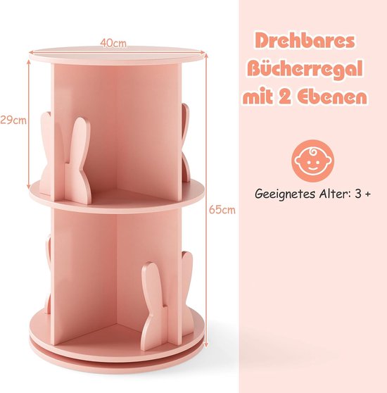 Afmetingen van de roze draaibare kinderboekenkast met twee niveaus: 40cm breed, 29cm diep, 65cm hoog. Geschikt voor 3+.