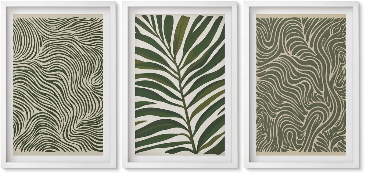 Wallfluent 3-Delige Schilderij Set - Abstracte Patronen Met Bladeren En Golvende Vormen - 40 x 60 - Decoratieve Schilderijen - Woonkamer - Interieur - Stijlvolle Muurdecoratie