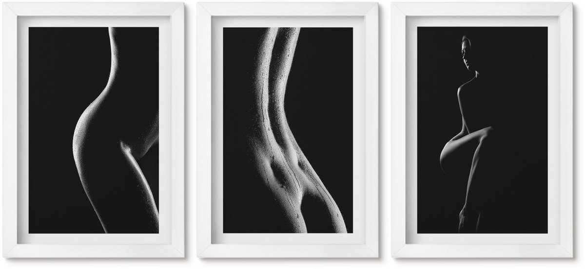Wallfluent 3-Delige Schilderij Set - Erotische Afbeeldingen Van Vrouwelijke Silhouetten In Zwart-Wit - 20 x 30 - Wanddecoratie - Schilderijen Set - Interieur - Decoratieve Schilderijen