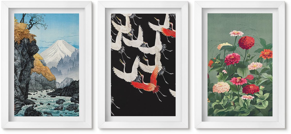 Wallfluent 3-Delige Schilderij Set - Bergen Met Een Waterval, Vogels In Vlucht En Kleurrijke Bloemen - 20 x 30 - Wanddecoratie - Moderne Interieurdecoratie - Moderne Wanddecoratie