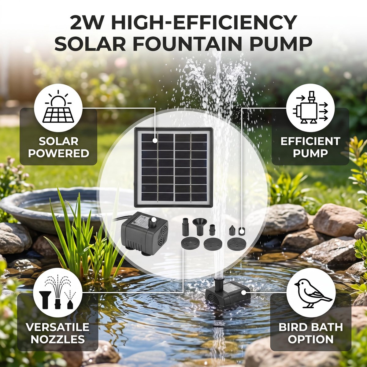 Solar fonteinpomp 2W - zwarte dompelpomp - energiebesparend - ideaal voor tuin en vogelbad - ShopVlot
