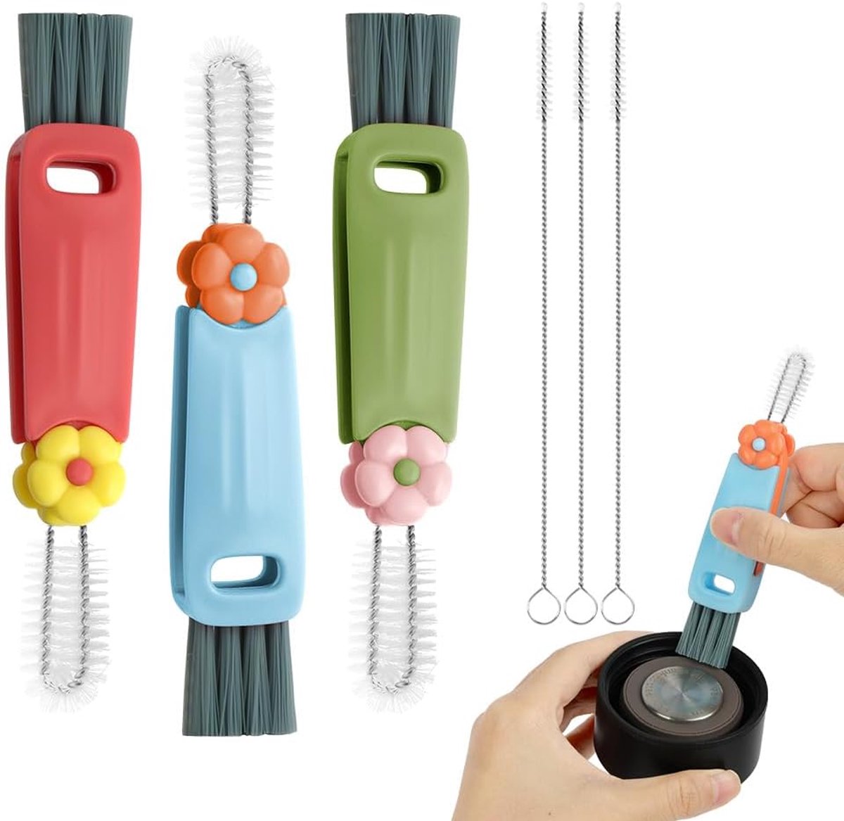 AOOWU 3-in-1 reinigingsborstel, 3 stuks multifunctionele borstel met 3 stuks rietjesborstels, reinigingsborstels voor - ShopVlot