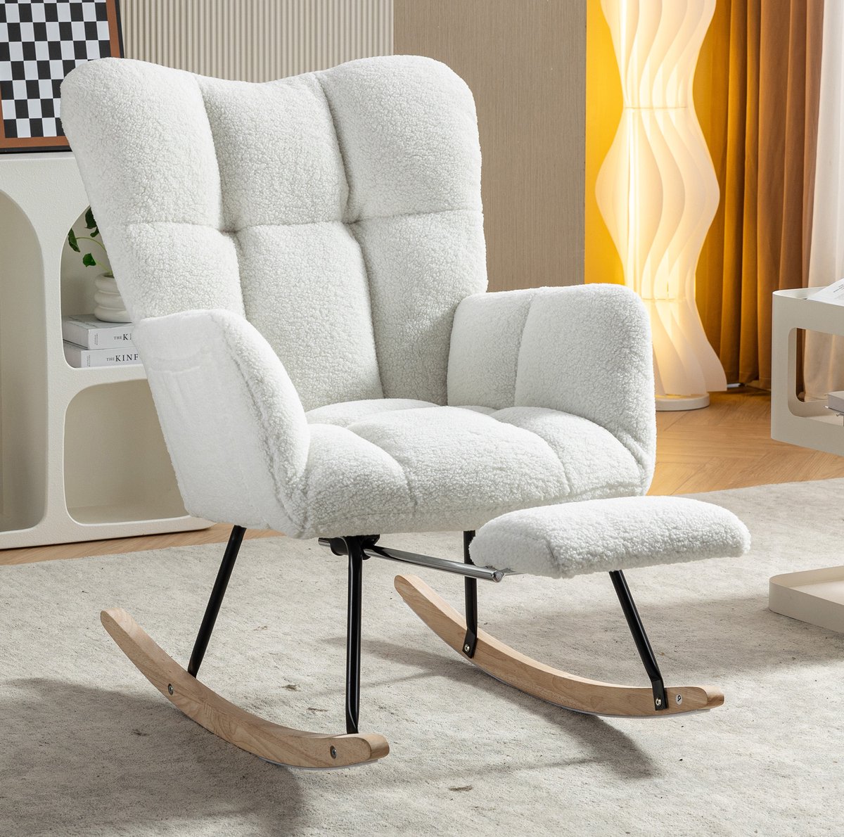 Witte Schommelstoel - Teddy Fauteuil Met Opklapbare Voetensteun En Hoge Rugleuning - Voor Woonkamer, Slaapkamer En Kantoor - Stof - Wit