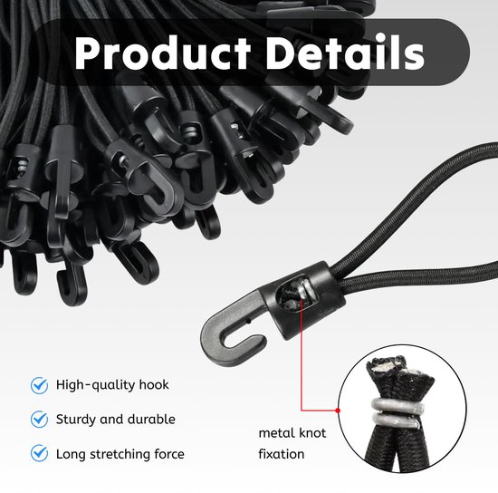 25 Stuks Elastische Spanners met Haken - 10 cm - Sterke Spancanvas Elastieken voor Tent en Dekzeil - Multifunctionele Bevestigingshaken - Zwart — afbeelding 2