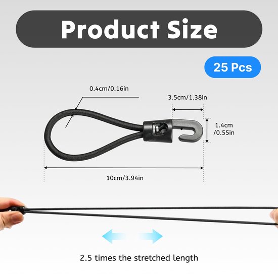 25 Stuks Elastische Spanners met Haken - 10 cm - Sterke Spancanvas Elastieken voor Tent en Dekzeil - Multifunctionele Bevestigingshaken - Zwart — afbeelding 5