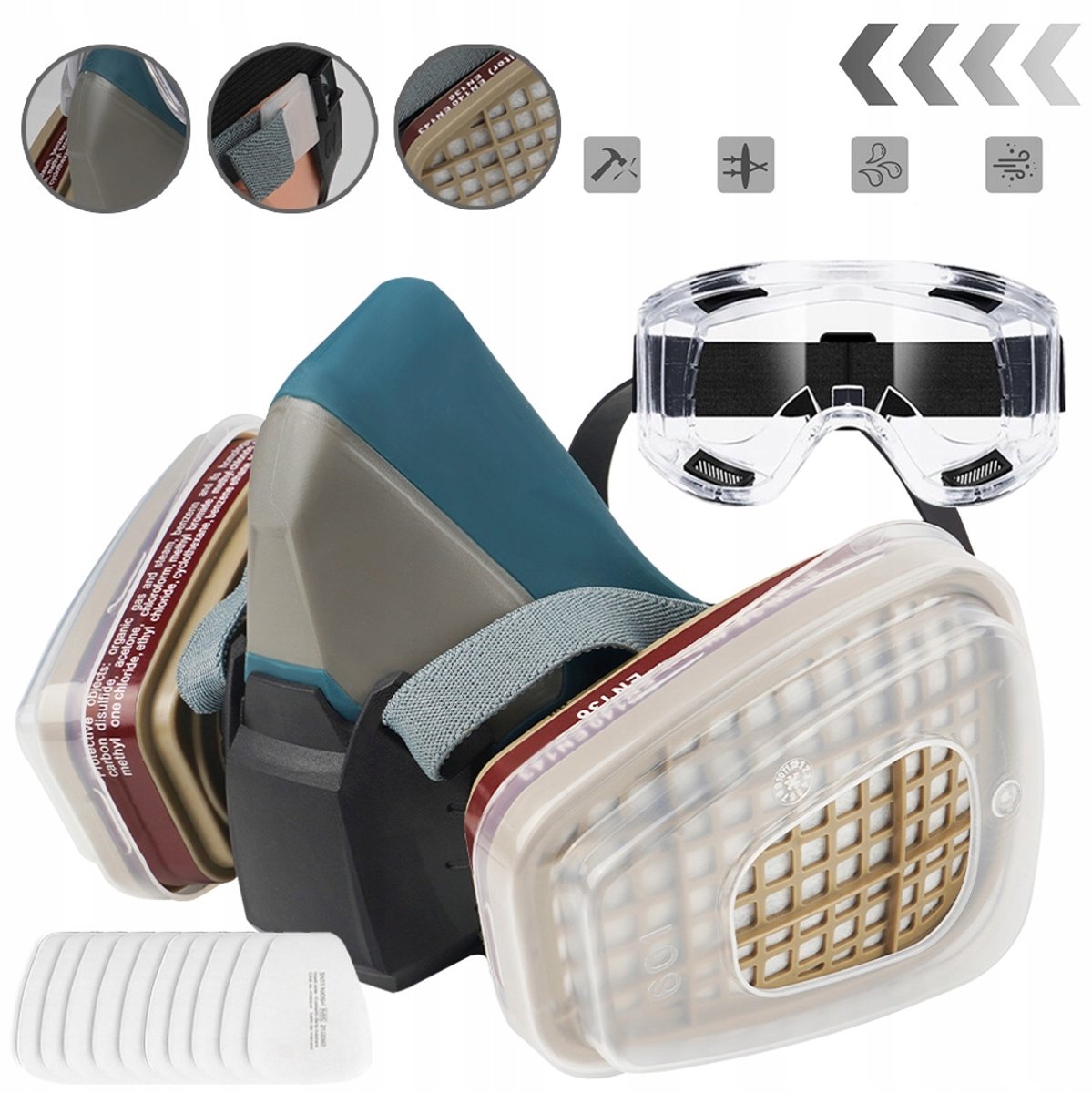 Semi-masker met filter en bril voor verf en stof