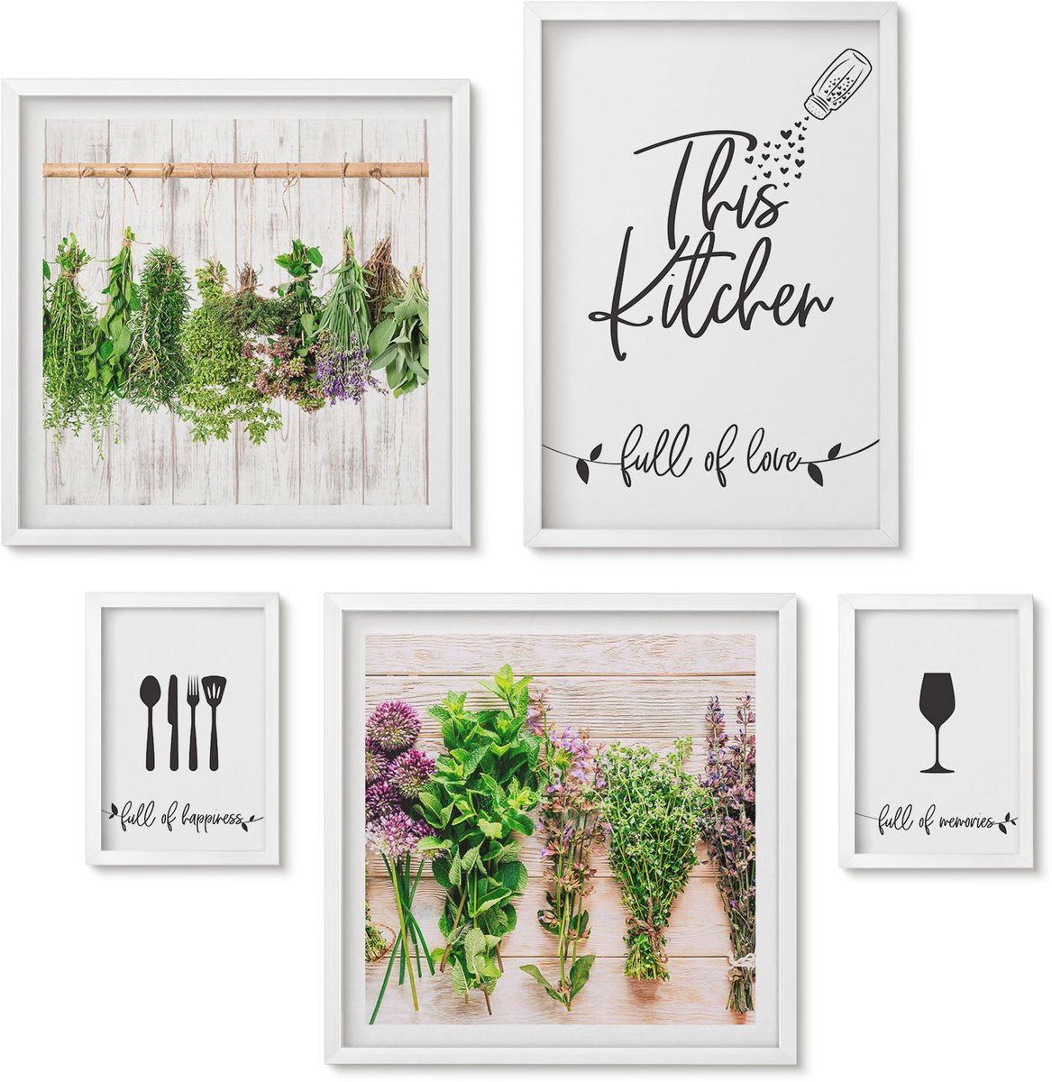 Wallfluent 5-Delige Schilderij Set - Een Keuken Vol Liefde: Kruiden En Culinaire Accessoires - 50 x 50 cm, 20 x 30 cm En 40 x 60 cm - Wanddecoratie - Moderne Interieurdecoratie - Woonkamer Decoratie