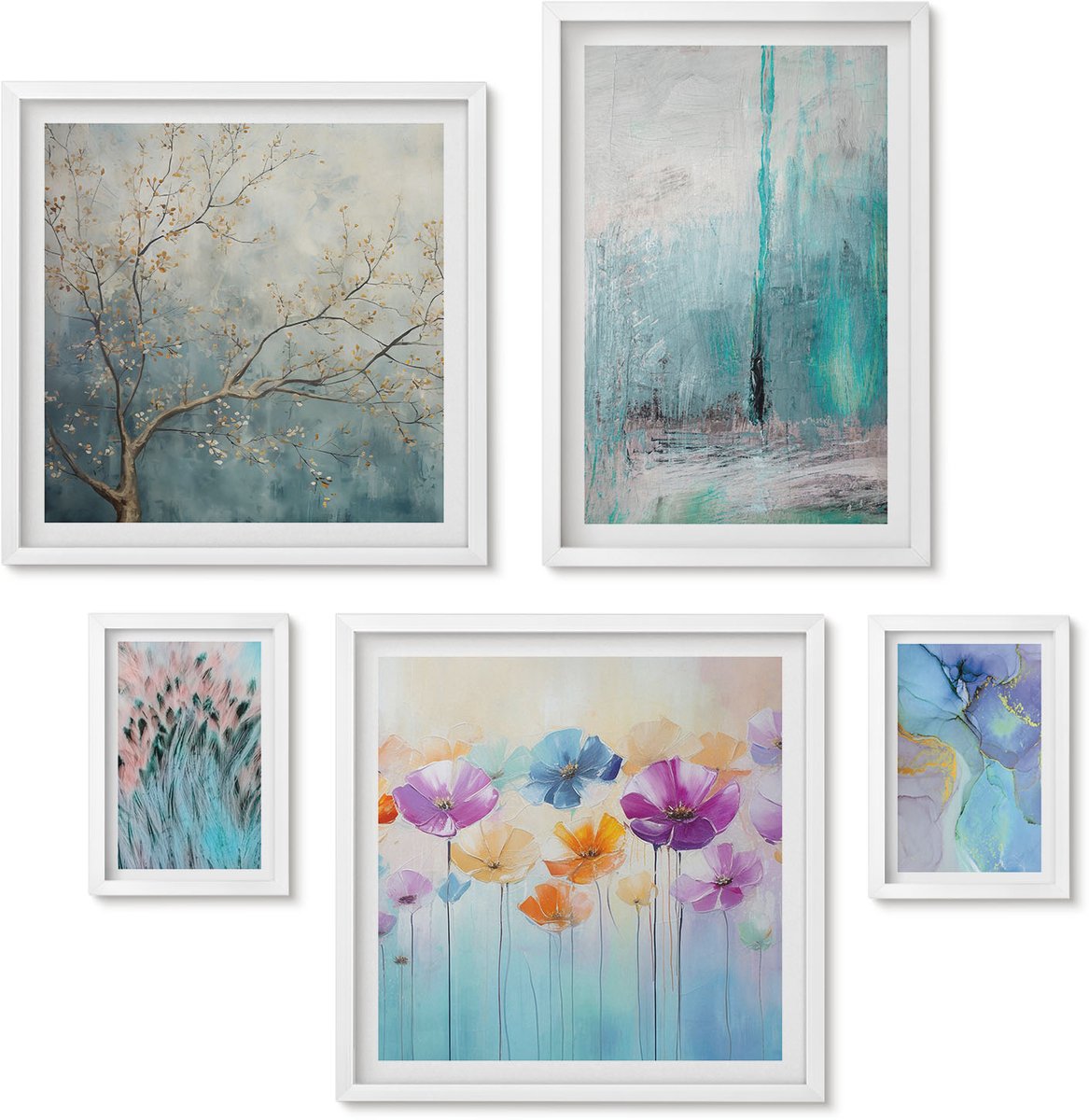 Wallfluent 5-Delige Schilderij Set - Abstracte Landschappen Met Bloemen En Delicate Motieven - 50 x 50 cm, 20 x 30 cm En 40 x 60 cm - Schilderijen Set - Wanddecoratie - Woonkamer - Stijlvolle Muurdecoratie