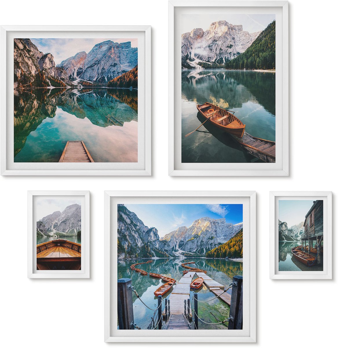 Wallfluent 5-Delige Schilderij Set - Rustige Meren Met Houten Bootjes In De Bergen - 50 x 50 cm, 20 x 30 cm En 40 x 60 cm - Muurdecoratie - Schilderijen Set - Woonkamer - Woonkamer Decoratie
