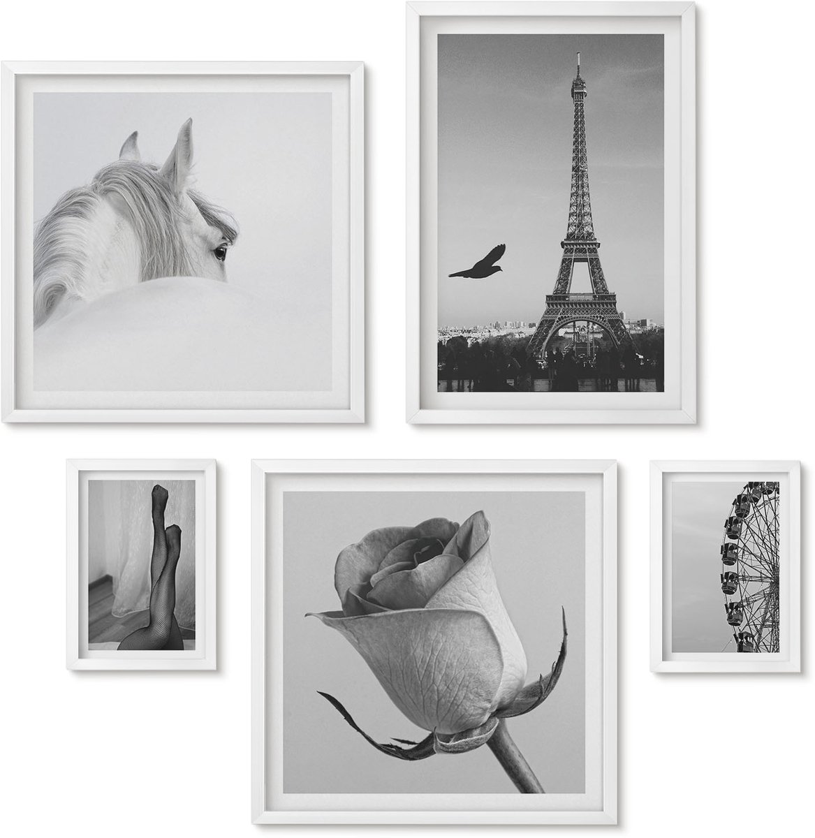 Wallfluent 5-Delige Schilderij Set - Stijlvolle Zwart-Witfoto'S Met Parijs En Elegantie. - 50 x 50 cm, 20 x 30 cm En 40 x 60 cm - Muurdecoratie - Wanddecoratie - Hal - Decoratieve Schilderijen