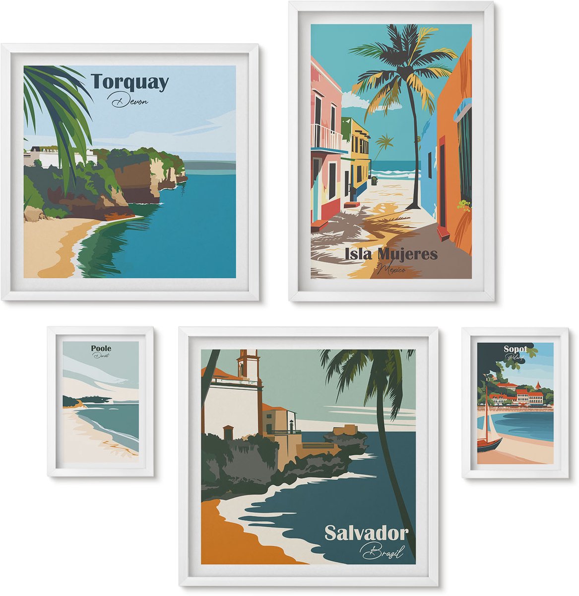 Wallfluent 5-Delige Schilderij Set - Kleurrijke Uitzichten Op Kustplaatsen En Stranden - 50 x 50 cm, 20 x 30 cm En 40 x 60 cm - Stijlvolle Wanddecoratie - Interieur - Decoratieve Schilderijen