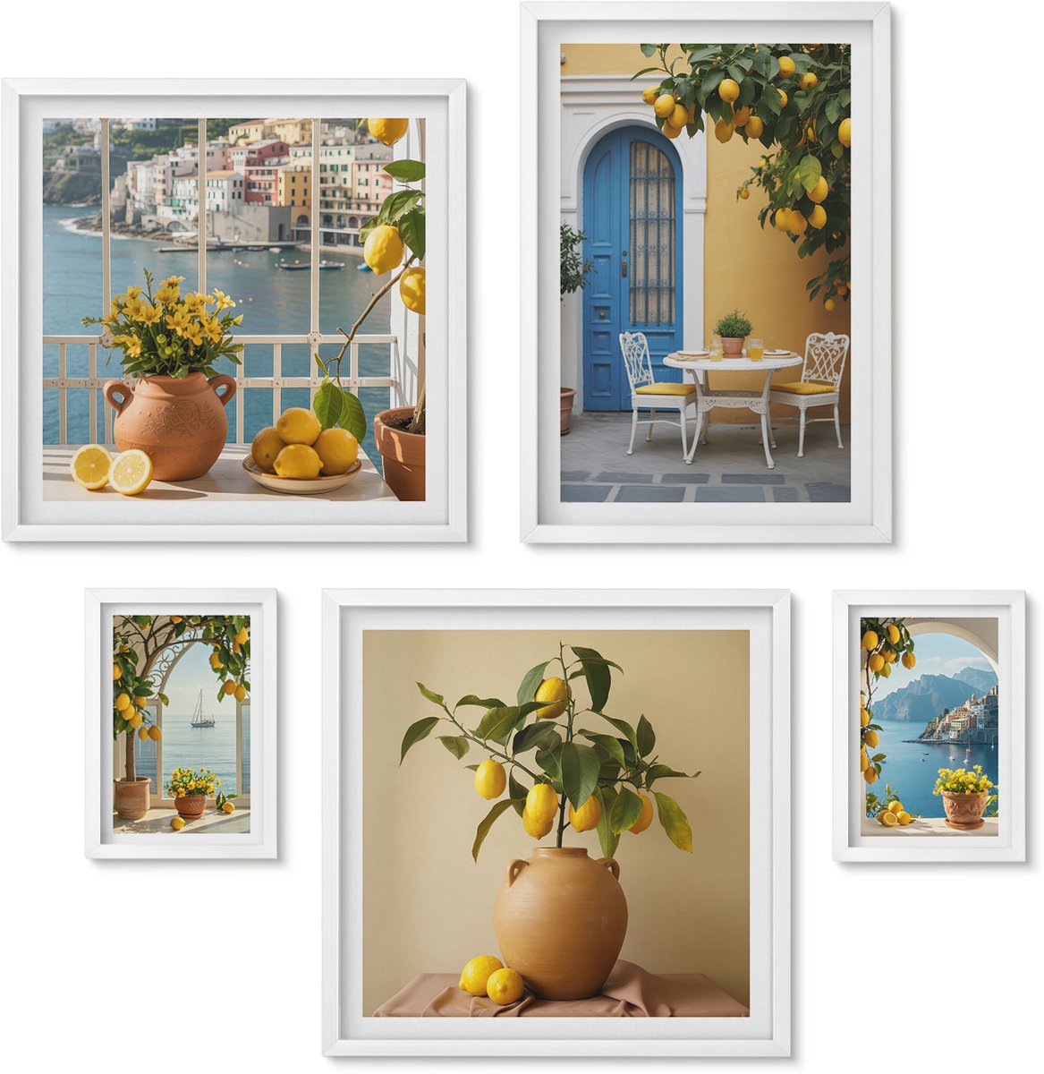 Wallfluent 5-Delige Schilderij Set - Citroeninspiratie In Een Zonnige Mediterrane Stijl - 50 x 50 cm, 20 x 30 cm En 40 x 60 cm - Muurdecoratie - Schilderijen Set - Woonkamer - Interieur Decoratie