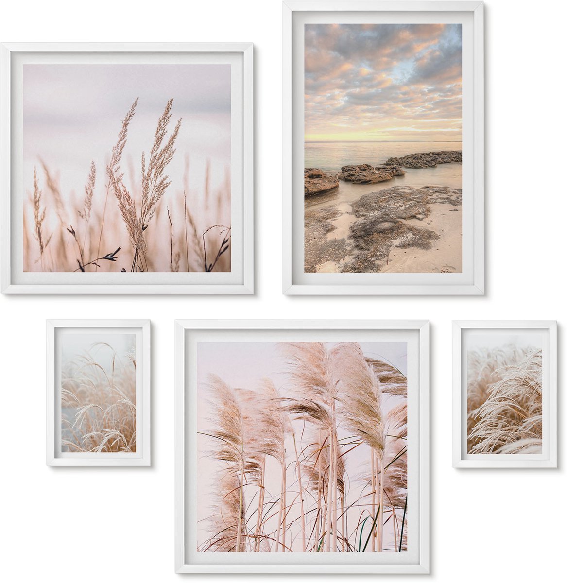 Wallfluent 5-Delige Schilderij Set - Kustlandschappen Met Vegetatie En Zonsondergang - 50 x 50 cm, 20 x 30 cm En 40 x 60 cm - Schilderijen Set - Wanddecoratie - Woonkamer - Muurdecoratie