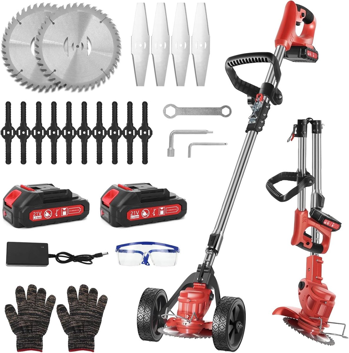 Draadloze Elektrische Grastrimmer - Rood - Lichtgewicht Accu met 3 Bladen - Opvouwbare Rand- & Bosmaaier voor Tuin & Achtertuin