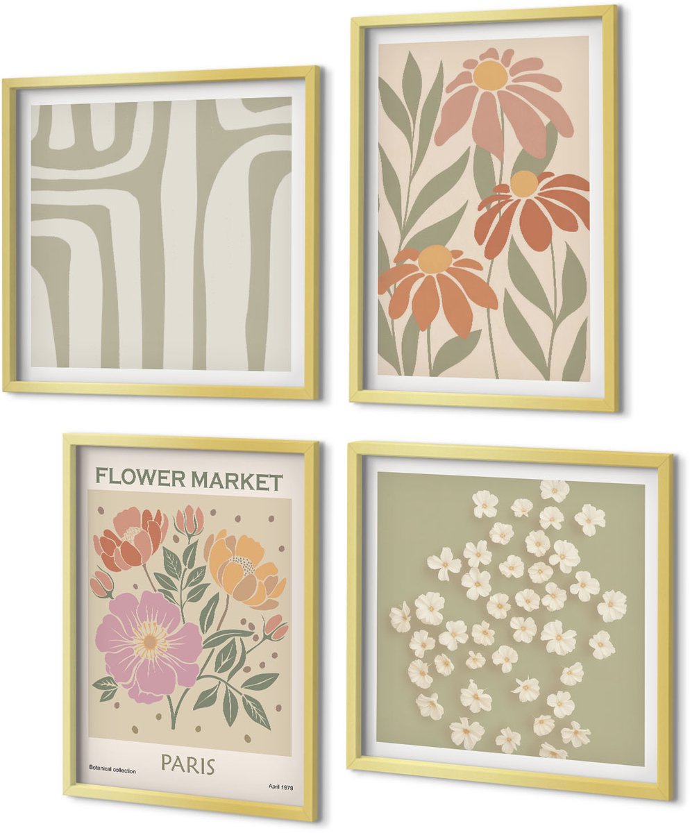Coloray 4-Delige Schilderij Set - Poster met botanische motieven, Parijse minimalistische stijl - 40 x 40 cm en 40 x 60 cm - Muurdecoratie - Wanddecoratie - Slaapkamer - Woonkamer Decoratie