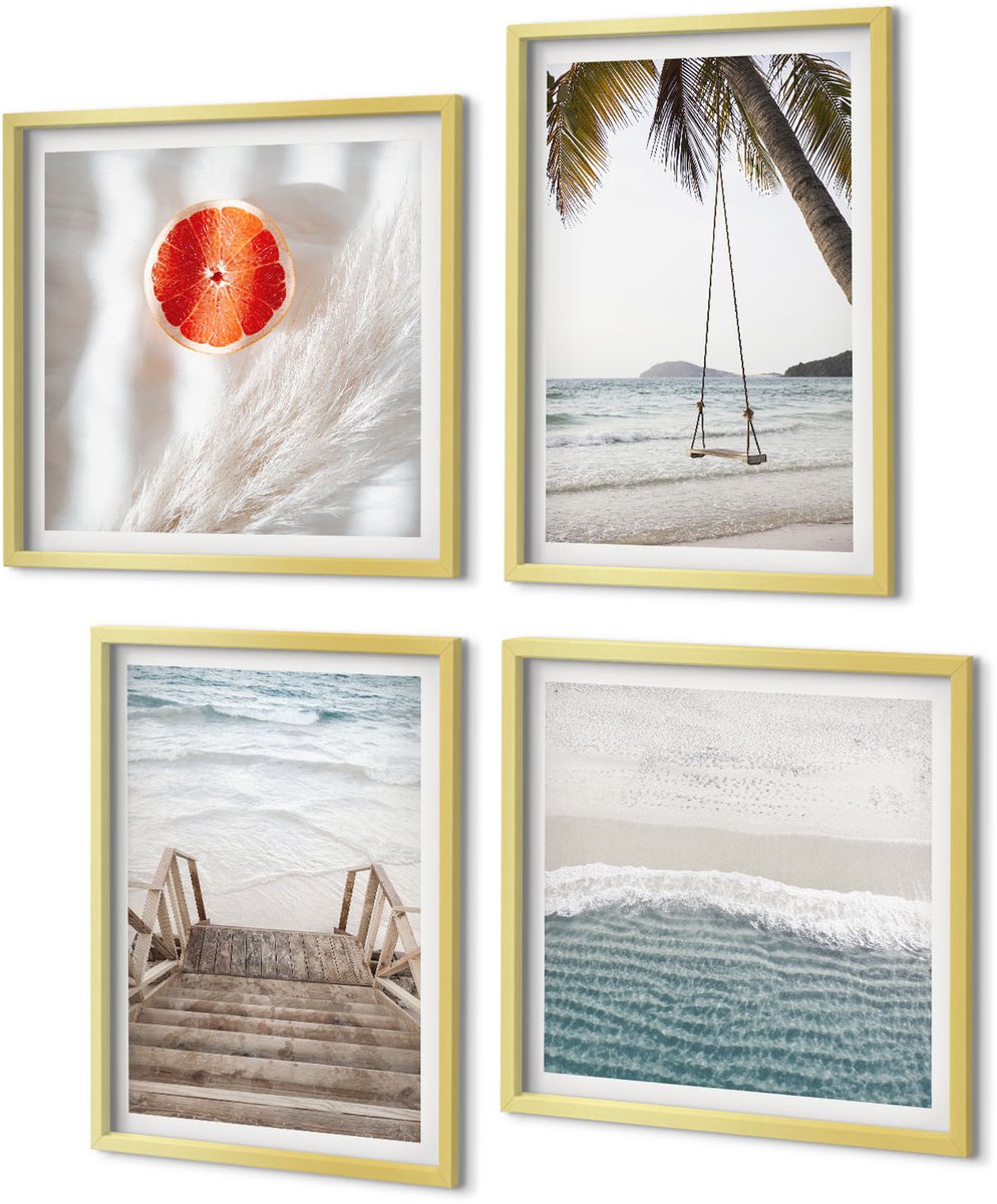 Coloray 4-Delige Schilderij Set - Strand met houten trap, vakantiesfeer - 40 x 40 cm en 40 x 60 cm - Stijlvolle Muurdecoratie - Kantoor