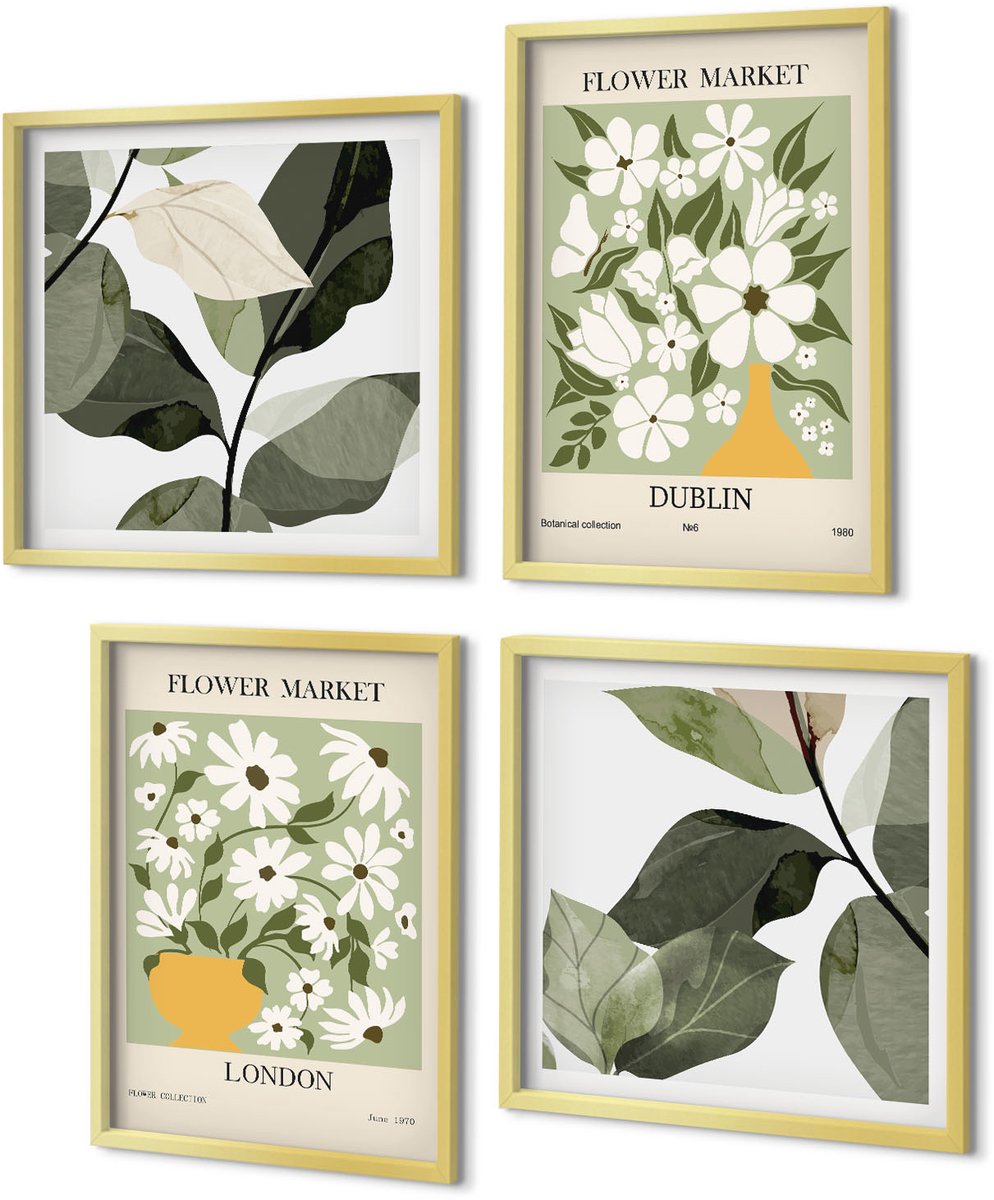 Coloray 4-Delige Schilderij Set - Bloemmotieven Londen en Dublin Delicate bladeren - 40 x 40 cm en 40 x 60 cm - Wanddecoratie - Muurdecoratie - Moderne Interieurdecoratie - Stijlvolle Muurdecoratie