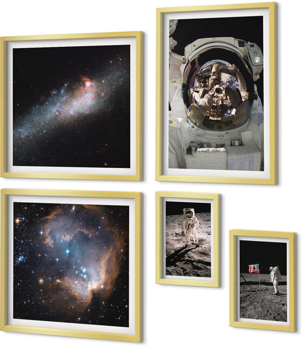 Coloray 5-Delige Schilderij Set - Foto'S Van Astronauten Die Op De Maan Landen - 50 x 50 cm, 20 x 30 cm En 40 x 60 cm - Stijlvolle Muurdecoratie - Slaapkamer - Wanddecoratie